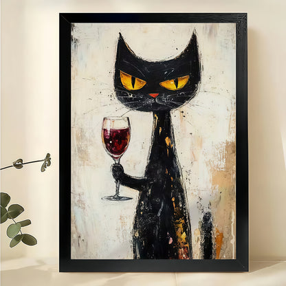 The Wine-Glass-Holding Sophisticated Black Cat – Retro Edgy Wall Art on Natural Wood Canvas | W637