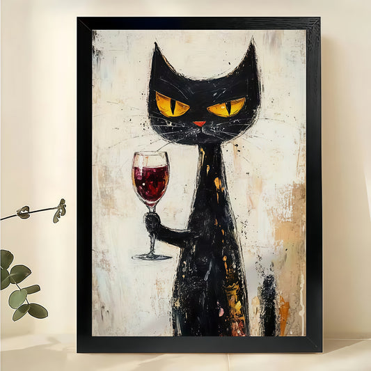 The Wine-Glass-Holding Sophisticated Black Cat – Retro Edgy Wall Art on Natural Wood Canvas | W637