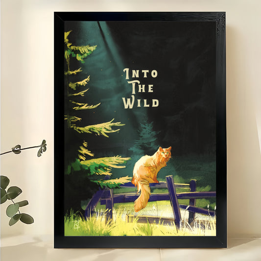 Into The Wild Orange Cat in Forest – Rustic Adventure Wall Art on Natural Wood Canvas | W746