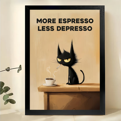 More Espresso Less Depresso Sassy Black Cat – Humorous Coffee Wall Art on Natural Wood Canvas | W954