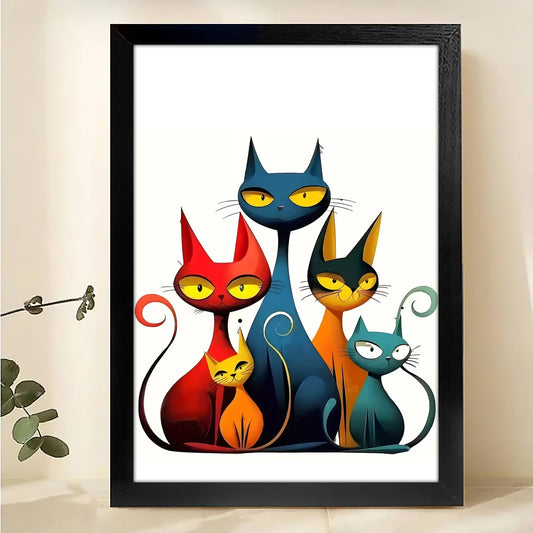 The Four Whimsical Cats – Playful Modern Feline Wall Art on Natural Wood Grain Canvas | W503