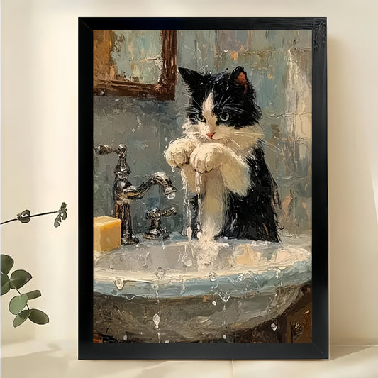 Tuxedo Cat at Sink – Vintage Oil Painting Style Cat Wall Art on Natural Wood Canvas | W2020
