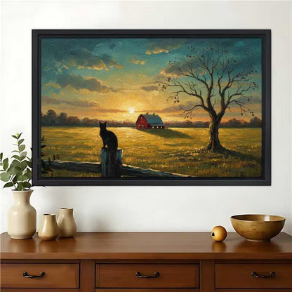 Autumn Farm Field Black Cat – Rustic Landscape Wall Art on Natural Wood Canvas | W901
