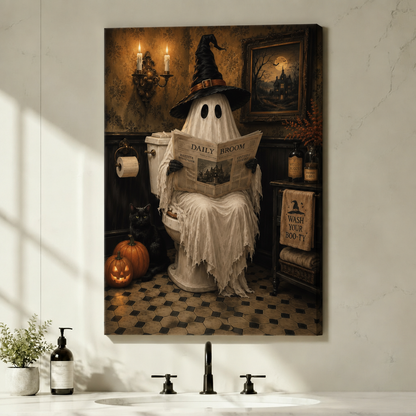 Ghost Reading Newspaper Halloween Canvas Art w3411