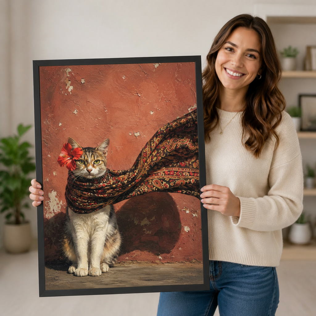 Woman holding a large black framed bohemian cat wall art print with paisley scarf to show print size and quality in a home setting