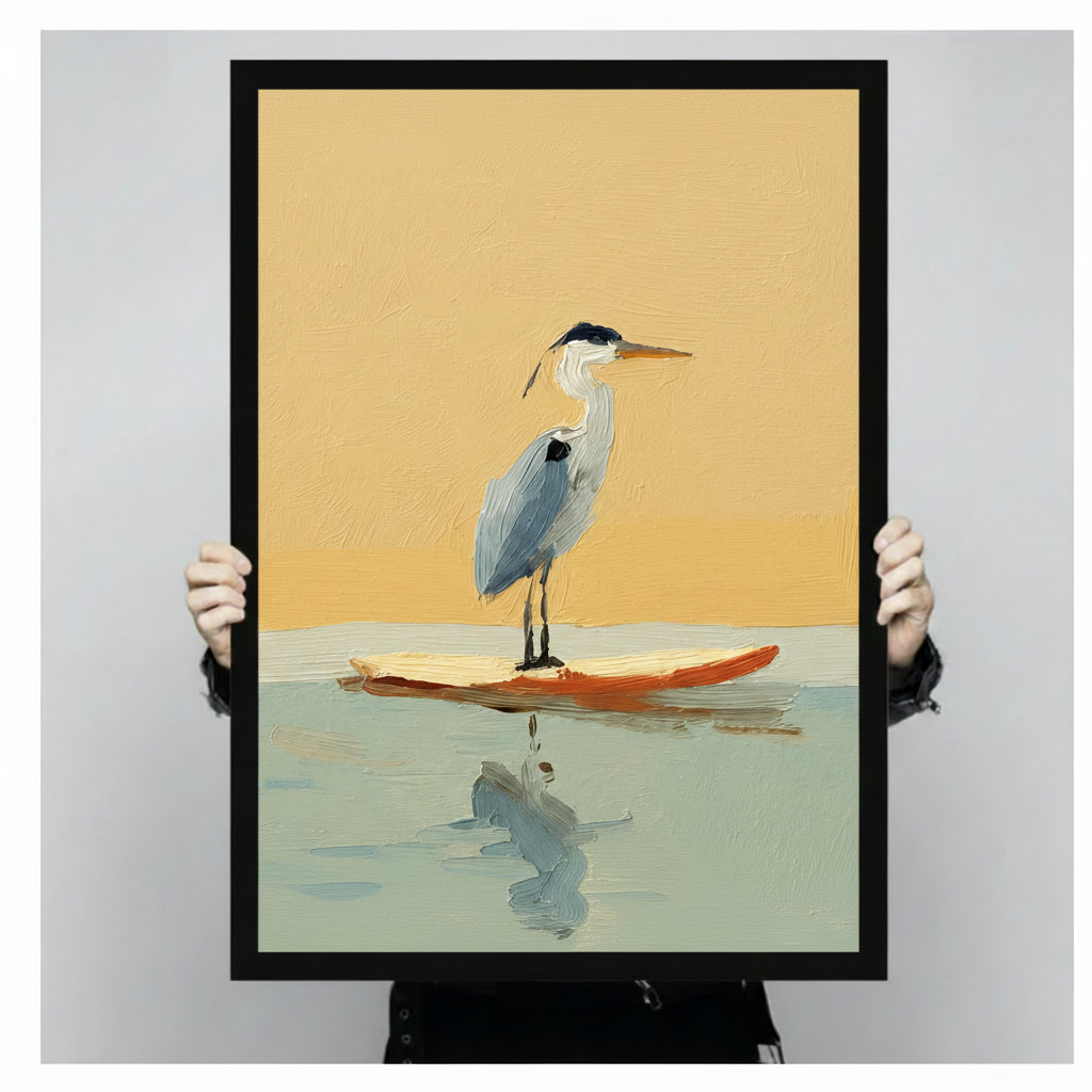 Person holding a large black framed great blue heron surfboard art print showing print size against a neutral grey background