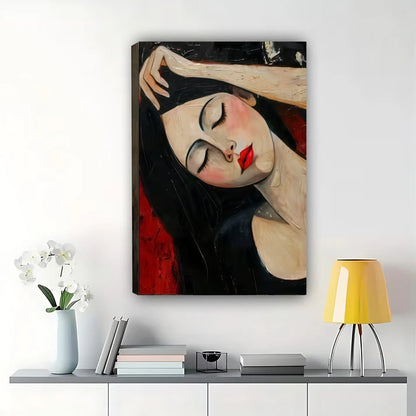 Modern Woman Portrait Canvas | Modigliani Style Wall Art|Red Lips Black Hair Print | W1030