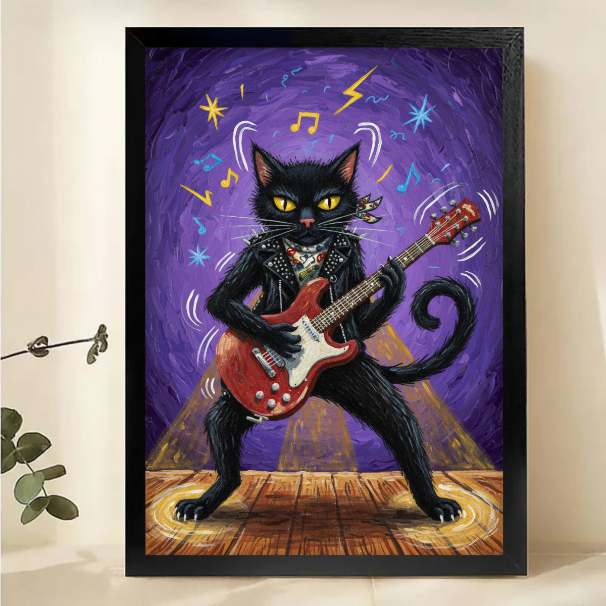 Rock Star Cat Art - Black Cat Electric Guitar Decor|W1108