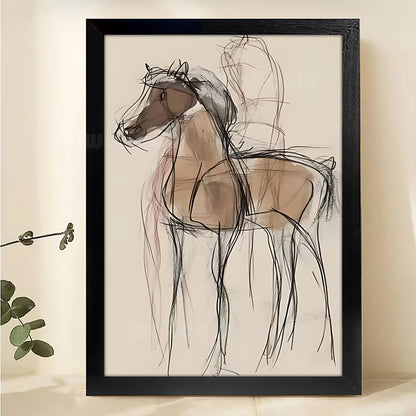 The Minimalist Sketch Horse – Modern Line Art Wall Art on Natural Wood Canvas | W601
