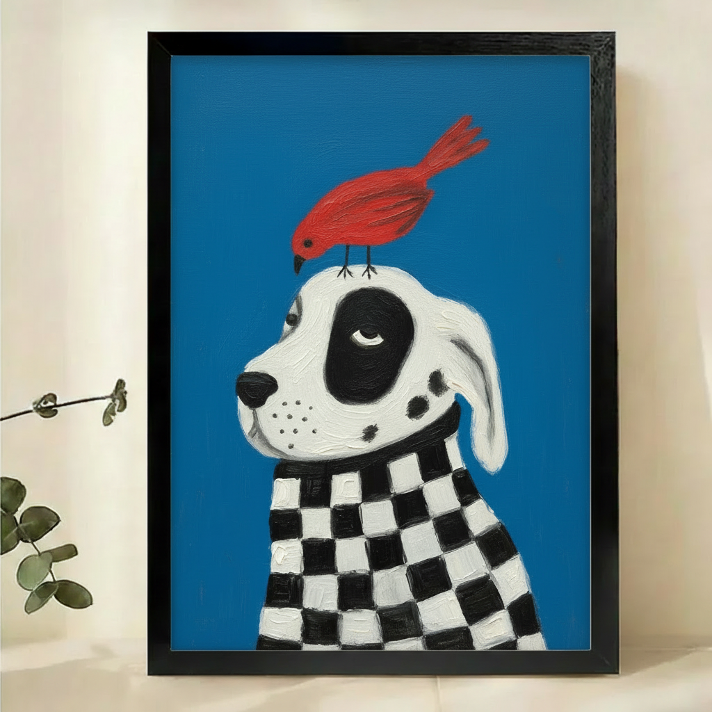 Dalmatian Dog & Red Bird Wall Art – Whimsical Pop Art Canvas Print on Natural Wood Frame | W2120