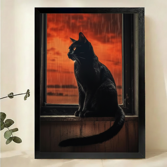Black Cat at Rainy Window Wall Art – Moody Atmospheric Canvas Print on Natural Wood Frame | W2124