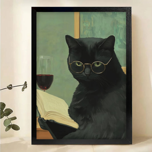 Sophisticated Cat with Wine Wall Art - Funny Cat Canvas Print|W1135