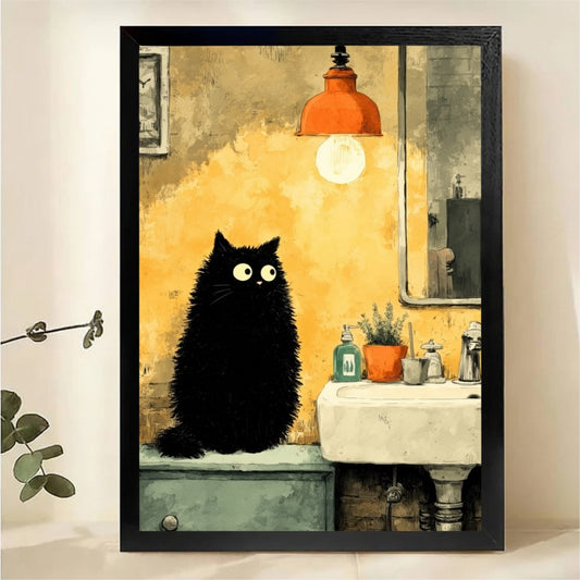 Fluffy Black Cat in Vintage Bathroom Wall Art - Whimsical Illustrated Canvas Print|W1380