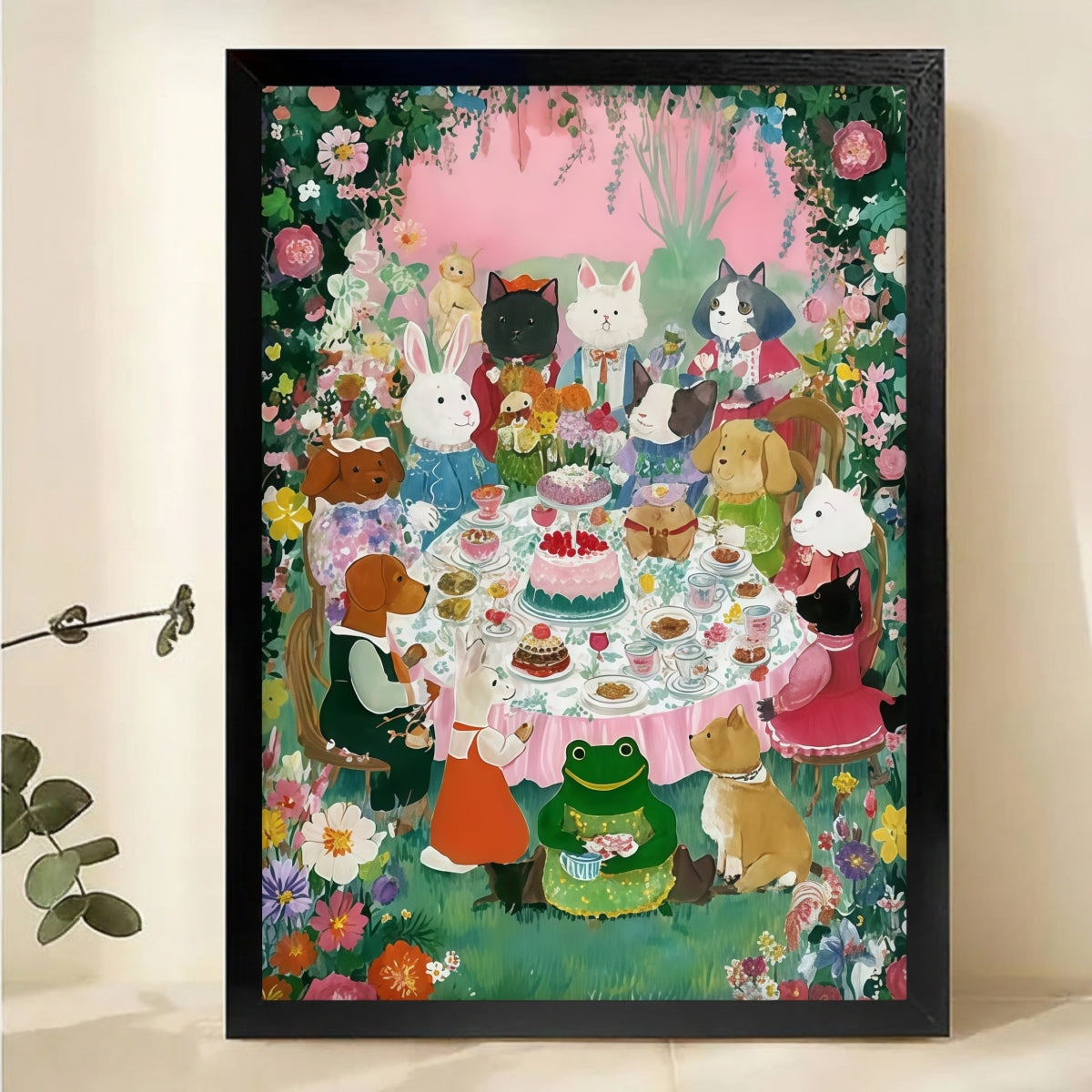 Colorful Cats Tea Party Wall Art - Whimsical Canvas Print|W1094