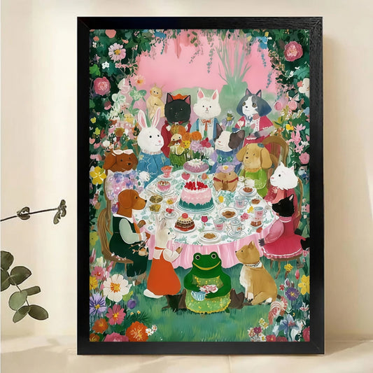 Colorful Cats Tea Party Wall Art - Whimsical Canvas Print|W1094