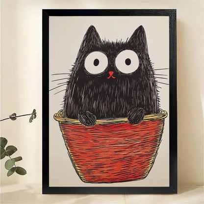Fluffy Black Cat in Red Basket Wall Art - Quirky Sketch Canvas Print|W1386