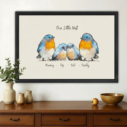 Our Little Nest Robin Family Wall Art – Heartwarming Watercolour Bird Canvas Print on Natural Wood Frame | W2290