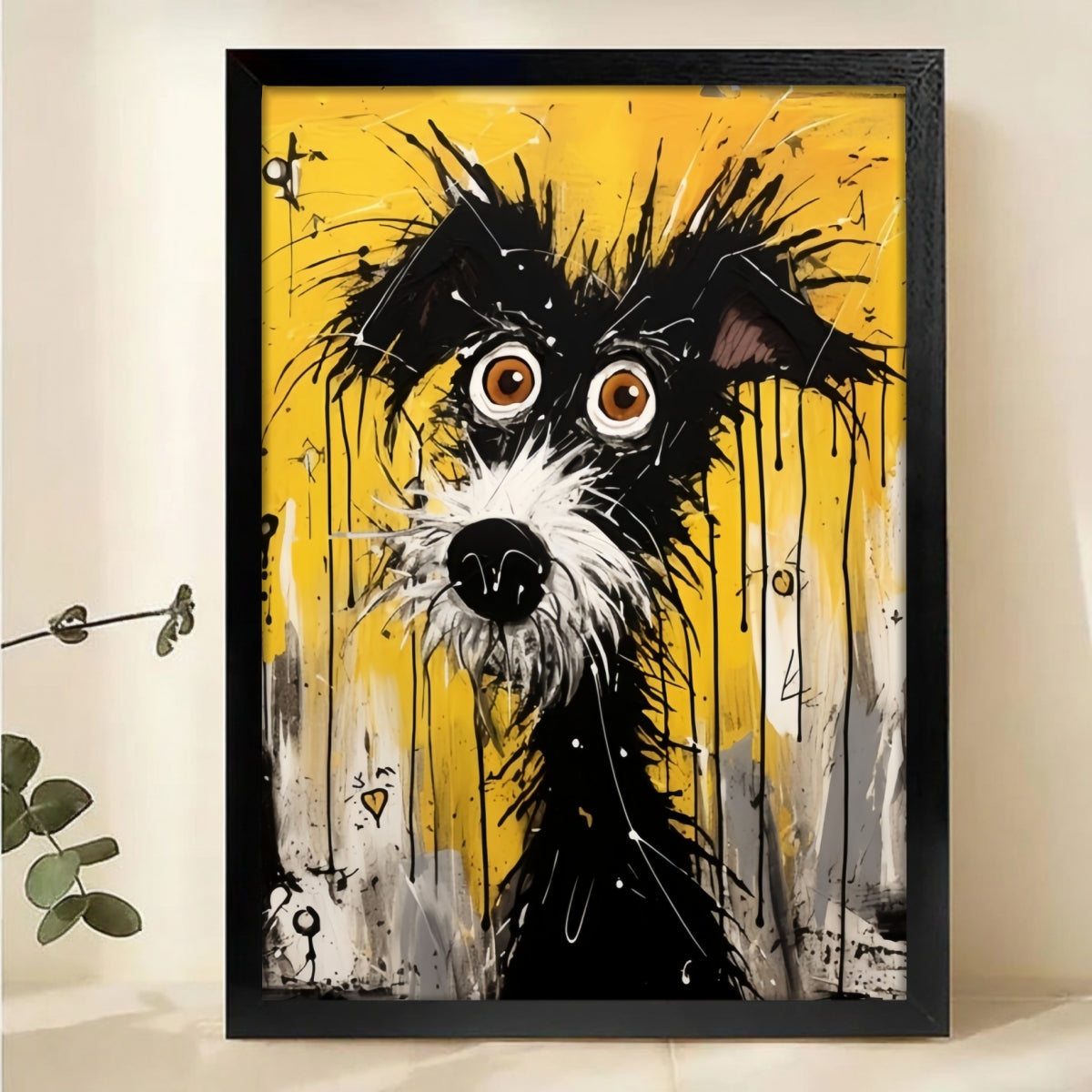 Scruffy Dog with Big Eyes - Abstract Yellow Canvas Wall Art|W1179