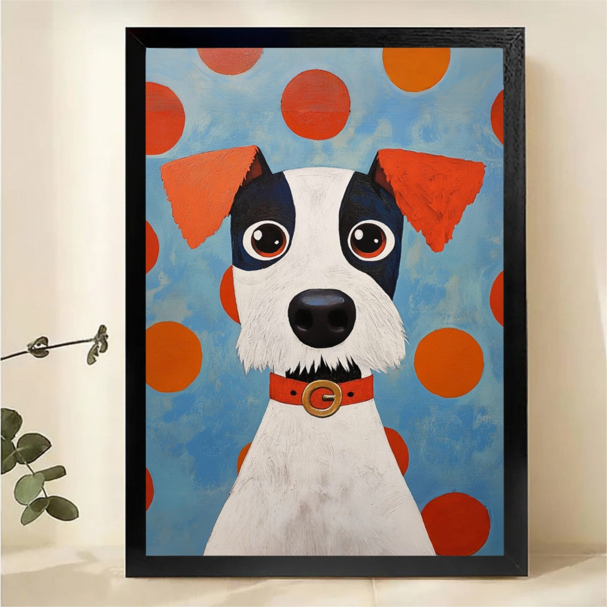 Wide-Eyed Terrier Dog with Red Collar Wall Art - Pop Art Polka Dot Canvas Print|W1404