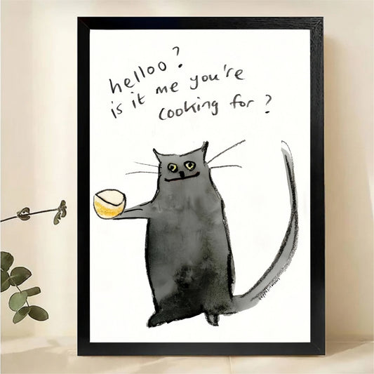 Cat with Bowl Wall Art - Funny Kitchen Humor Print|W1248