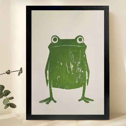 The Minimalist Line Art Green Frog – Sleek Modern Wall Art on Natural Wood Canvas | W604