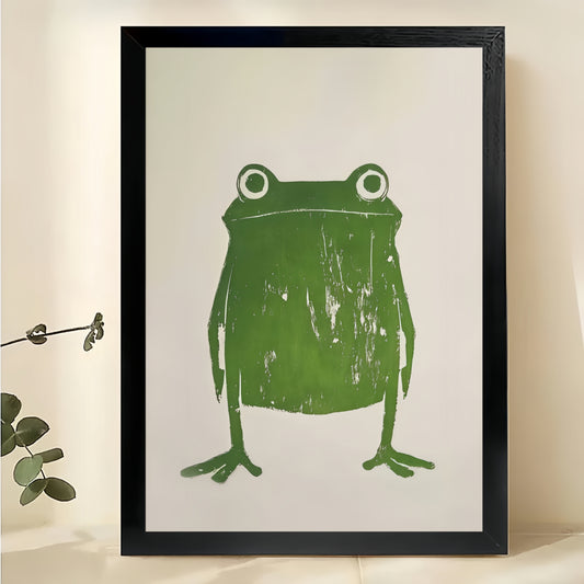 The Minimalist Line Art Green Frog – Sleek Modern Wall Art on Natural Wood Canvas | W604