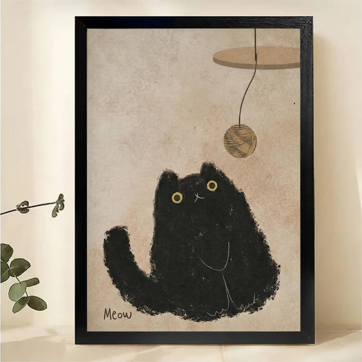 Black Cat & Yarn Ball Wall Art – Cute Chubby Cat Canvas|W1462
