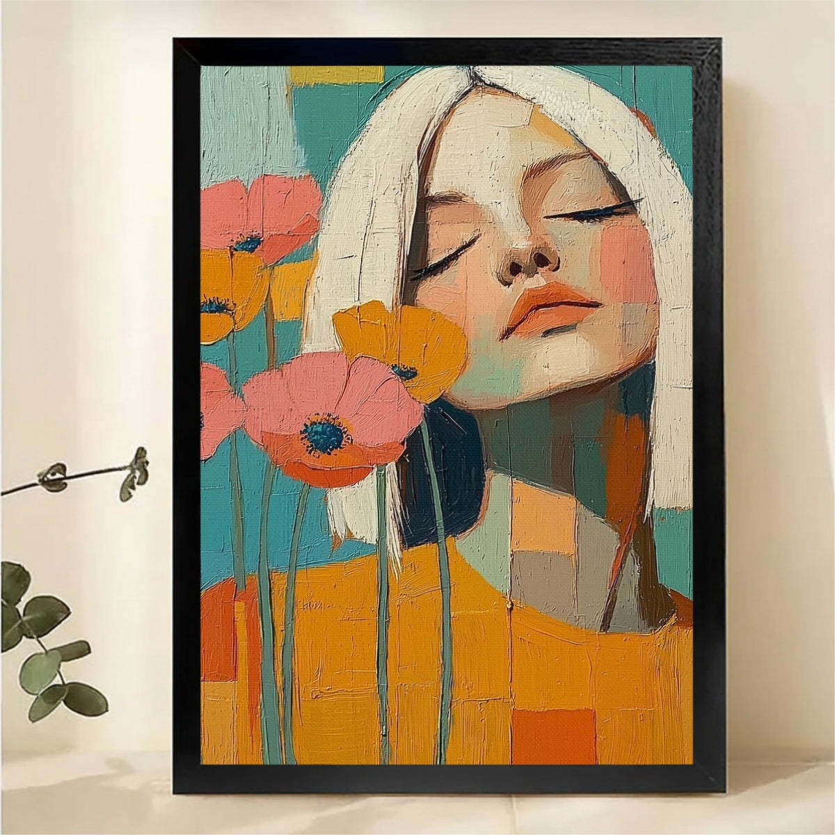 Woman with Flowers Abstract Art - Colorful Modern Portrait Print|W1246