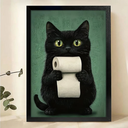 Black Cat with Toilet Paper Art Print | Funny Bathroom Wall Decor|W1166