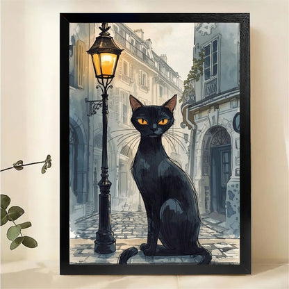 Black Cat on Paris Street at Night Wall Art - Watercolor Canvas Print|W1359