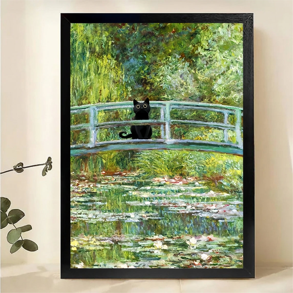 Black Cat on Monet Bridge Wall Art - Impressionist Garden Print|W1232