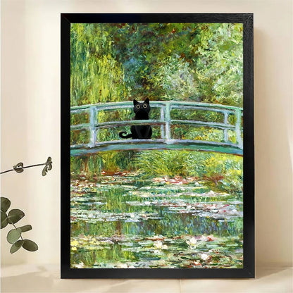 Black Cat on Monet Bridge Wall Art - Impressionist Garden Print|W1232