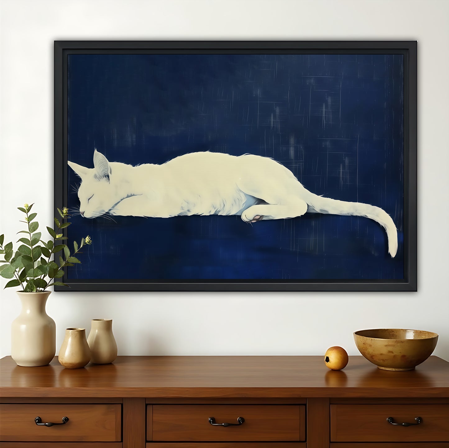 The White Cat On Navy Background – Calm Minimalist Wall Art on Natural Wood Canvas | W587
