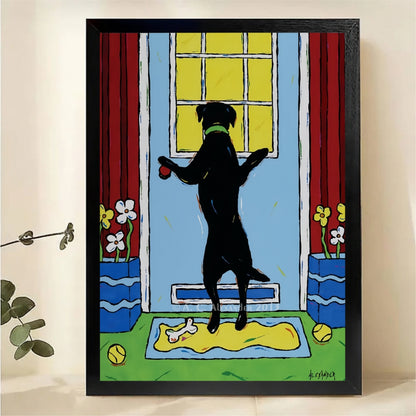 Dog Waiting at Door Wall Art - Colorful Pet Canvas Print|W1339