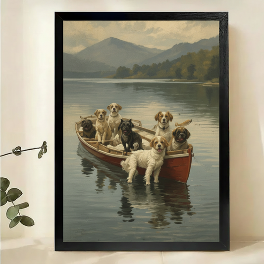 Seven Dogs in a Rowboat Wall Art – Classic Vintage Dog Canvas Print on Natural Wood Frame | W2282