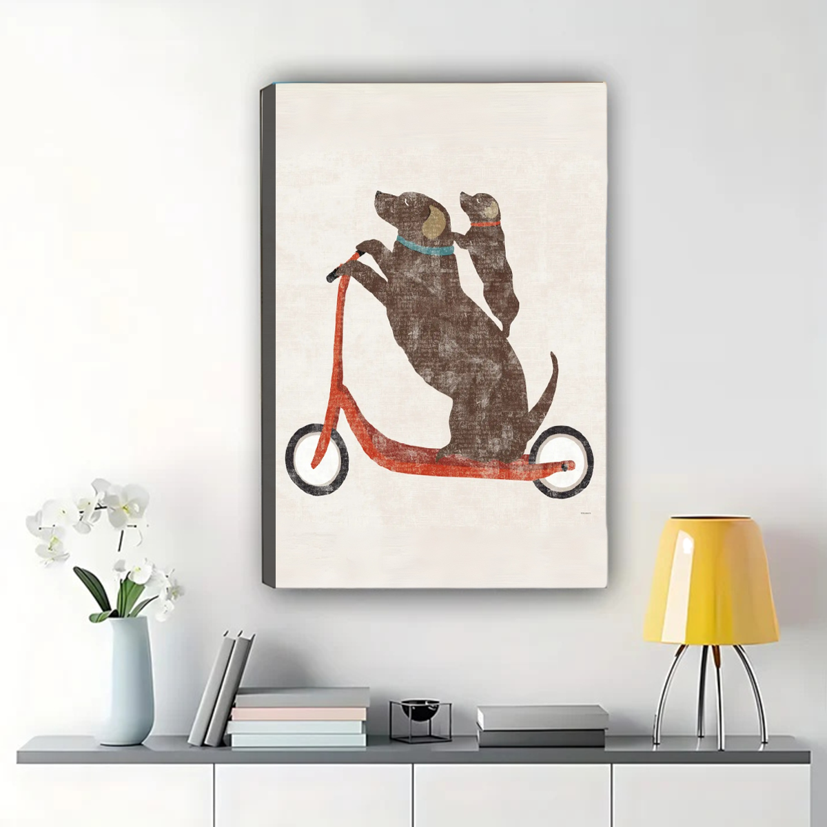 Two Dogs on a Scooter Wall Art – Funny Dog Canvas Print|W1456