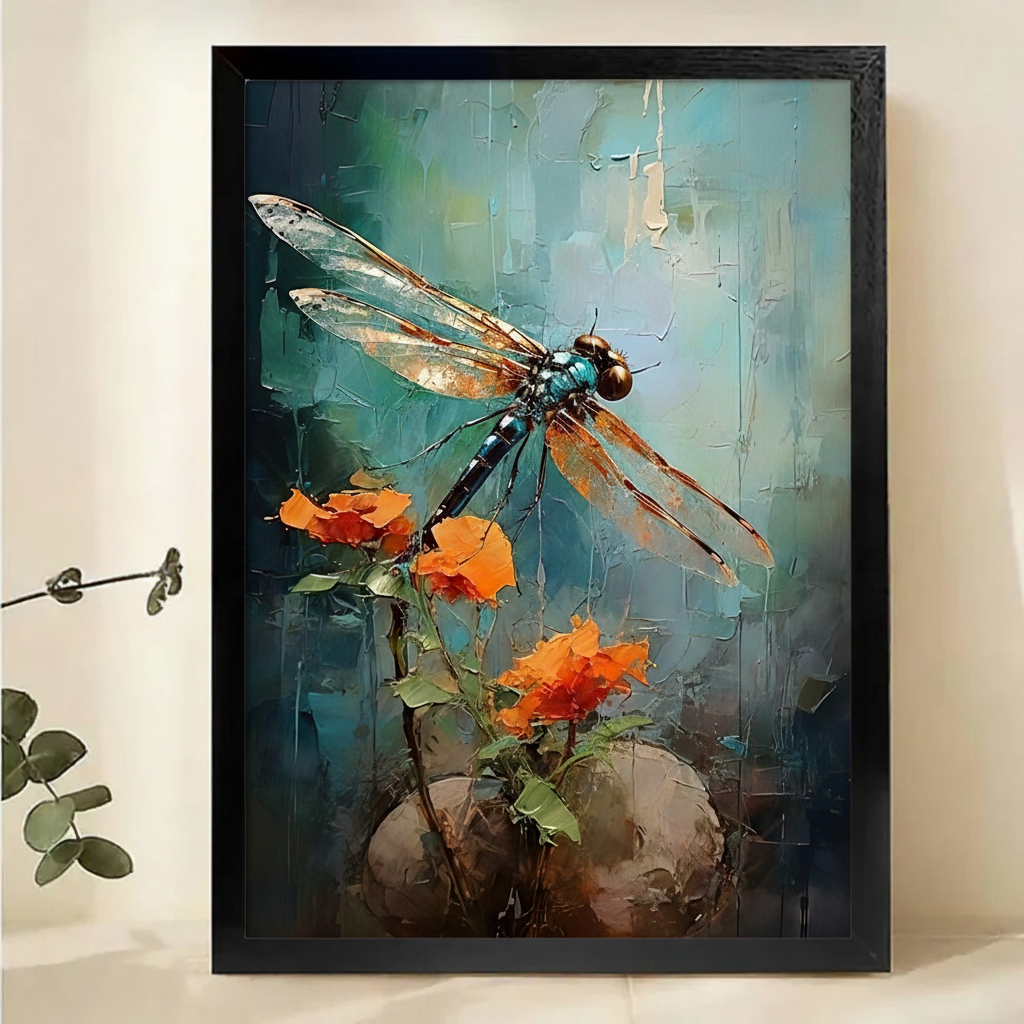 Dragonfly & Orange Blossoms Wall Art – Textured Impasto Oil Painting Canvas Print on Natural Wood Frame | W2151