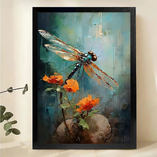 Dragonfly & Orange Blossoms Wall Art – Textured Impasto Oil Painting Canvas Print on Natural Wood Frame | W2151