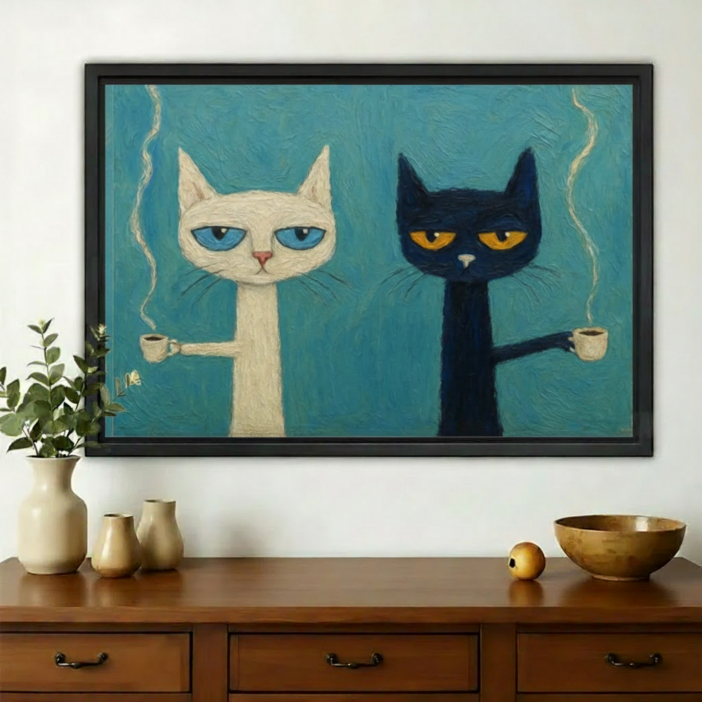 Two Cats with Coffee Wall Art – Quirky Retro Cat Canvas Print on Natural Wood Frame | W2113
