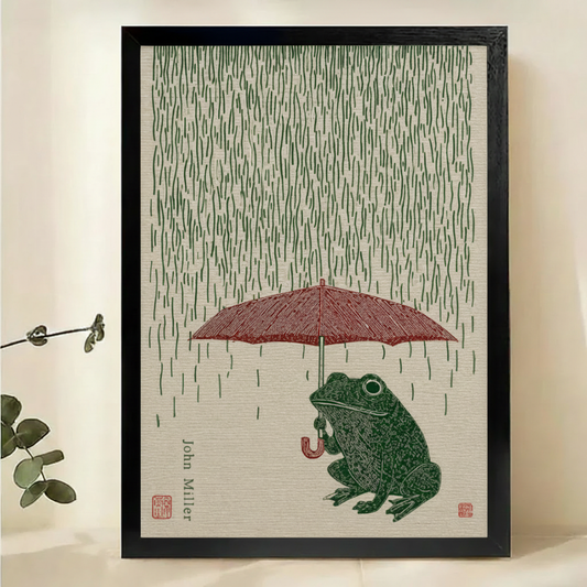 Frog in the Rain with Red Umbrella Wall Art – Japanese Woodblock Print Canvas Print on Natural Wood Frame | W2223