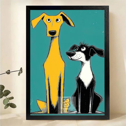 Tall Yellow and Short Black Dog Duo Wall Art - Quirky Cartoon Illustrated Canvas Print|W1432
