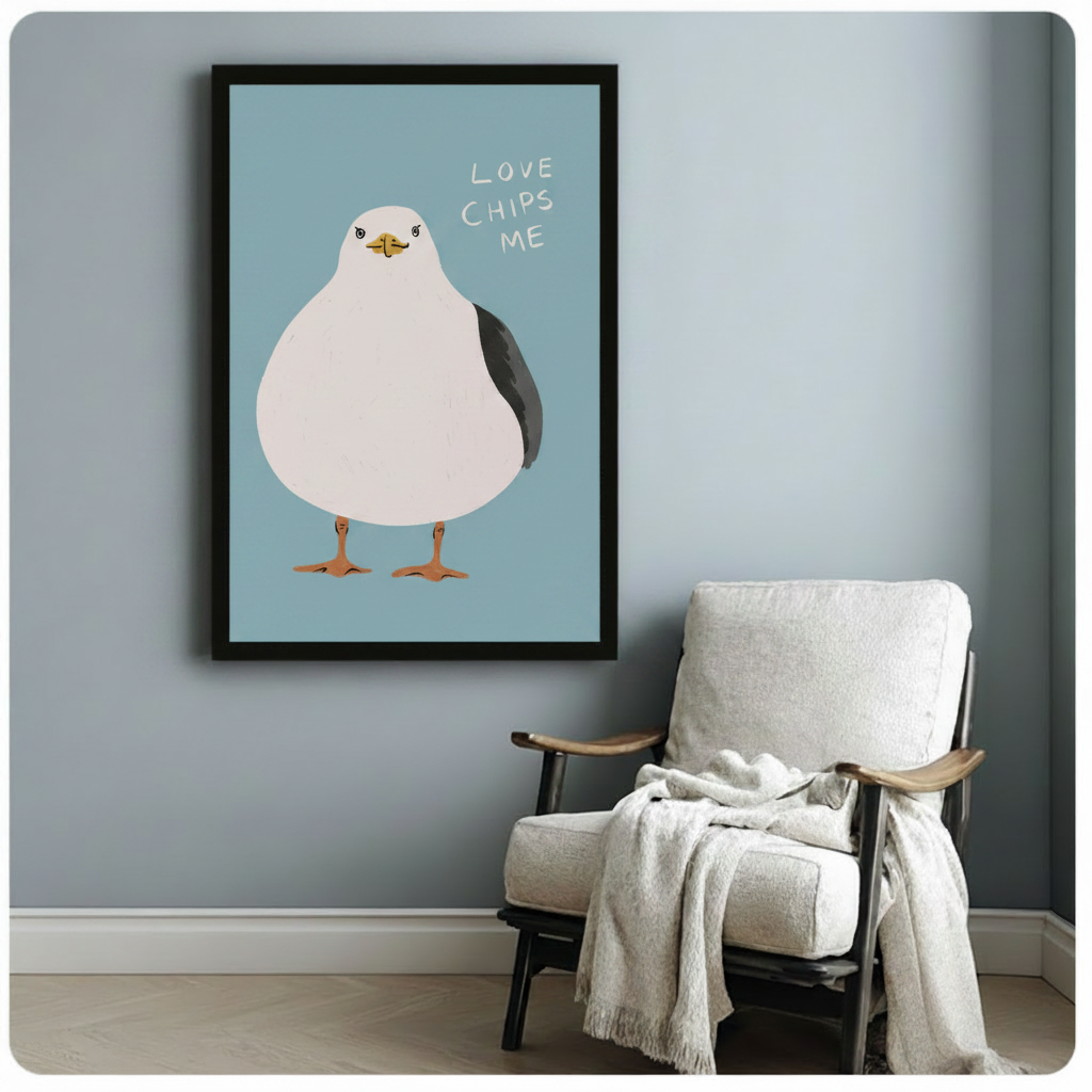 Round seagull coastal canvas wall art in black frame — funny Love Chips Me print for quirky home decor