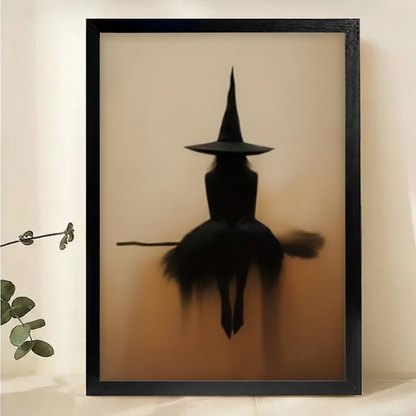 Witch Silhouette on Broomstick Wall Art – Moody Halloween Canvas Print on Natural Wood Frame | W2140