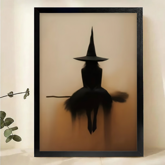 Witch Silhouette on Broomstick Wall Art – Moody Halloween Canvas Print on Natural Wood Frame | W2140