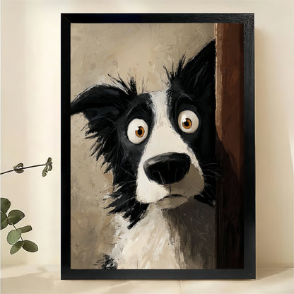 Dog Peeking Behind Door Wall Art - Curious Border Collie Print|W1297
