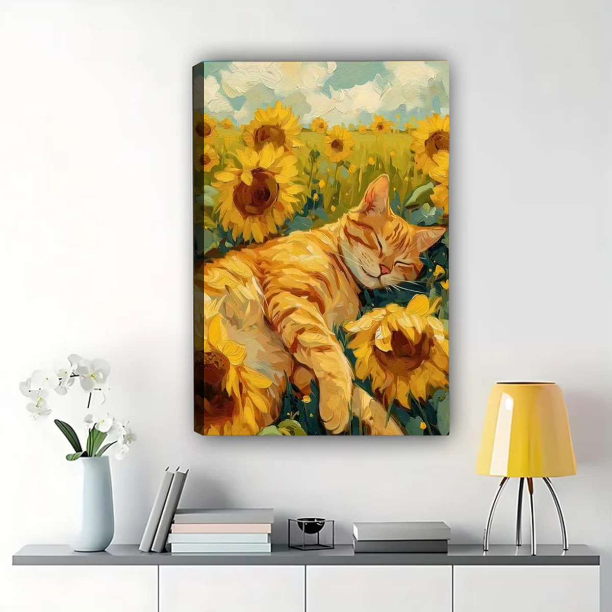 Orange Cat in Sunflower Field Canvas Art - Impressionist Style Print|W1070