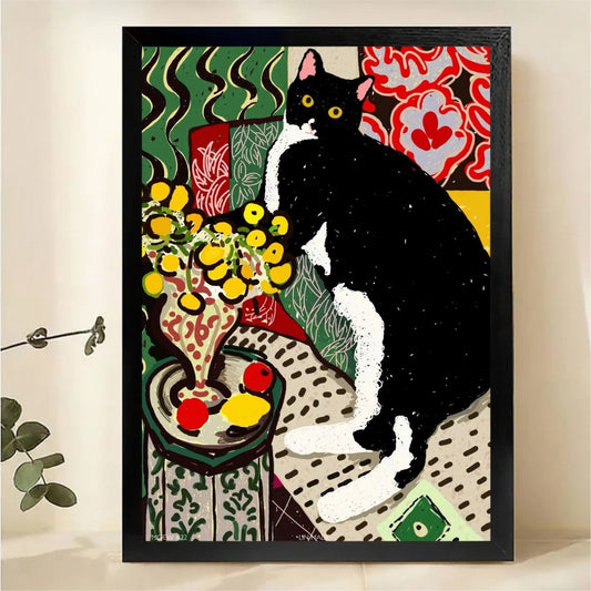 Tuxedo Cat with Flowers in Matisse Style Wall Art - Fauvist Canvas Print|W1418