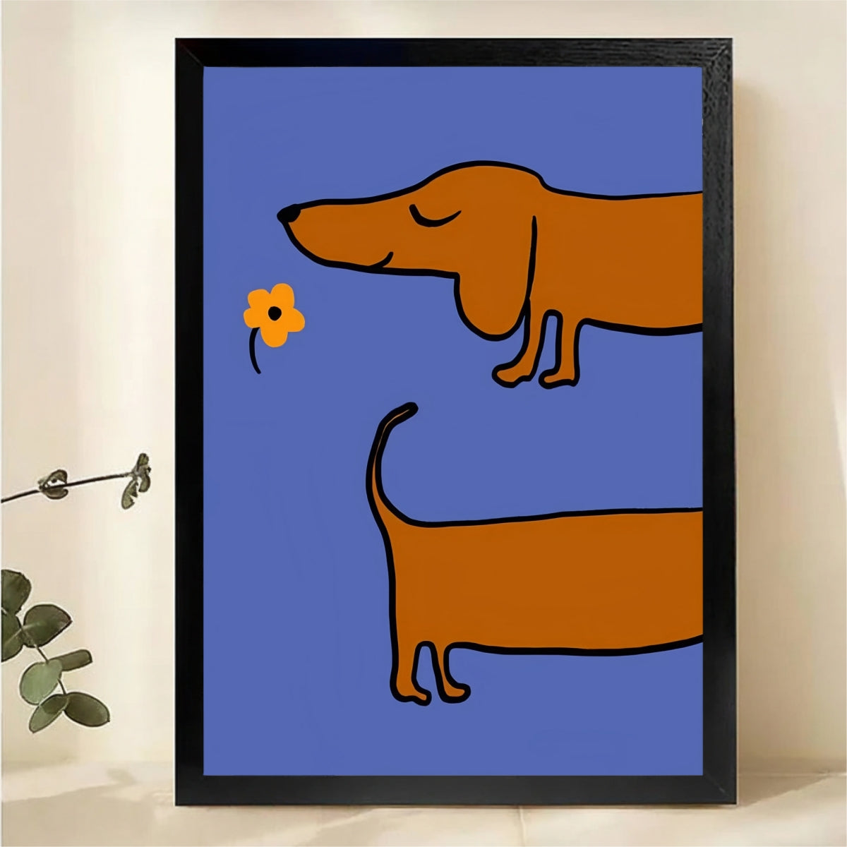Dachshund Smelling Flower Wall Art - Minimalist Blue Dog Canvas Print|W1351