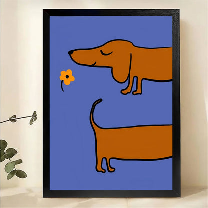 Dachshund Smelling Flower Wall Art - Minimalist Blue Dog Canvas Print|W1351