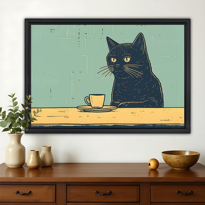 The Coffee-Sipping Minimalist Black Cat – Cozy Casual Wall Art on Natural Wood Canvas | W606